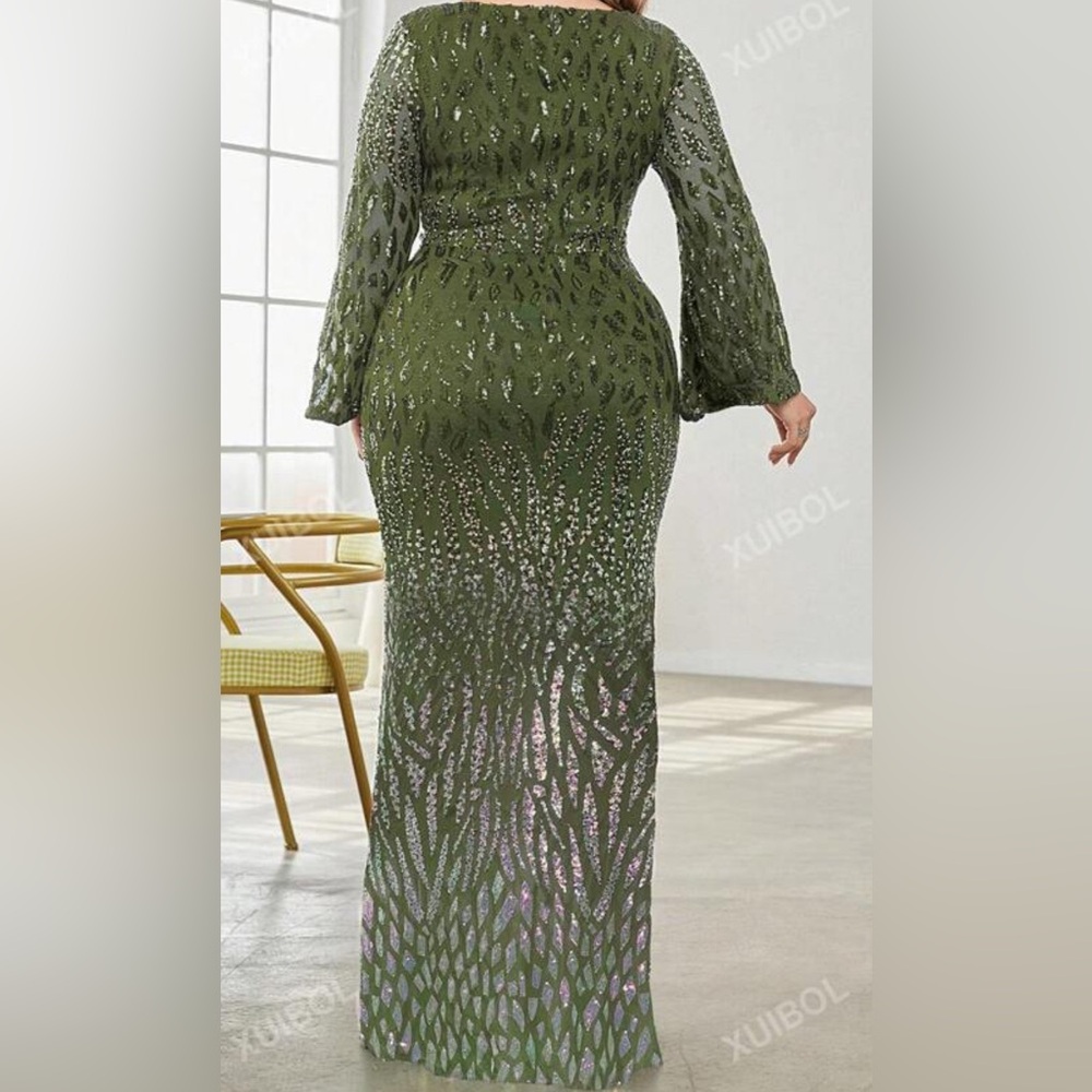 SHEIN Plus Sequin Women Elegant V Neck Split Sleeve Mermaid Formal Evening Dress - Picture 3 of 12